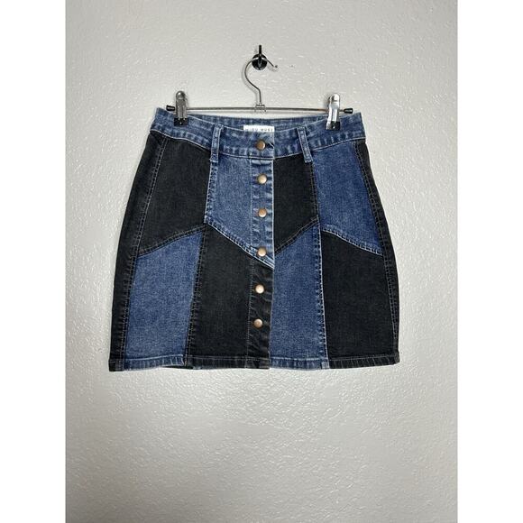 Miou Muse Colorblock Patchwork Denim Button Mini Skirt Size Small Y2K Style - Picture 1 of 9